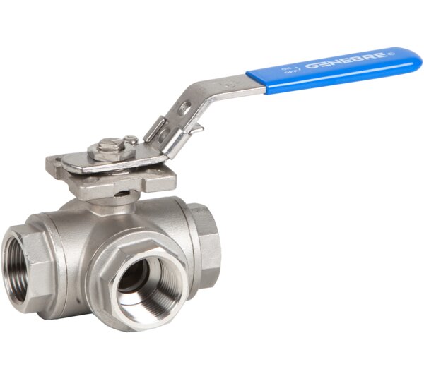 Válvula esfera 3 vías paso reducido tipo T rosca NPT