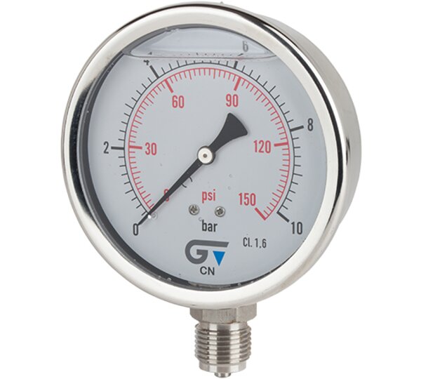 Manómetro Ø 100 con glicerina, salida inferior, rosca NPT 1/2"