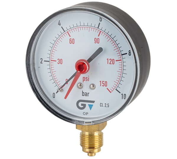 Manómetro Ø 80 mm, indicador rojo, salida inferior, rosca BSP 3/8"