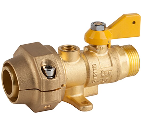 Válvula esfera recta para gas con patas, M-conexión tubo PE