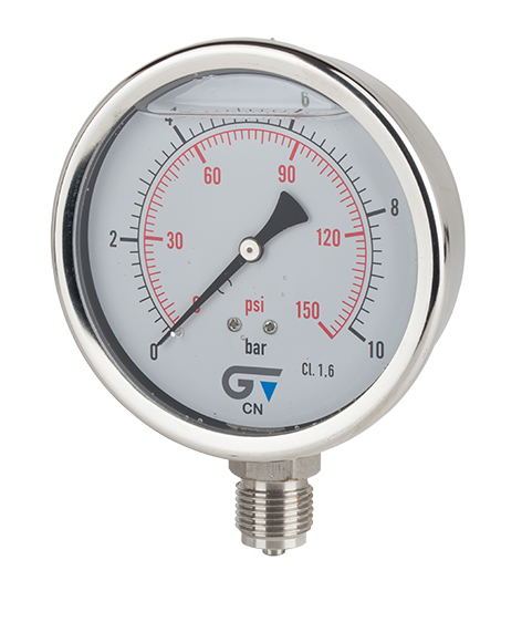Manómetro Ø 100 con glicerina, salida inferior, rosca NPT 1/2"