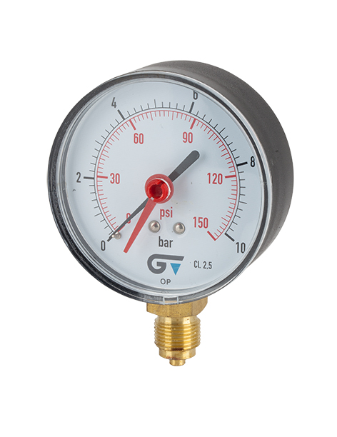 Manómetro Ø 80 mm, indicador rojo, salida inferior, rosca BSP 3/8"