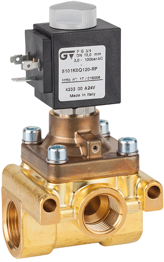 Electroválvula de acción indirecta 3 vías N.C. con pistón de control piloto